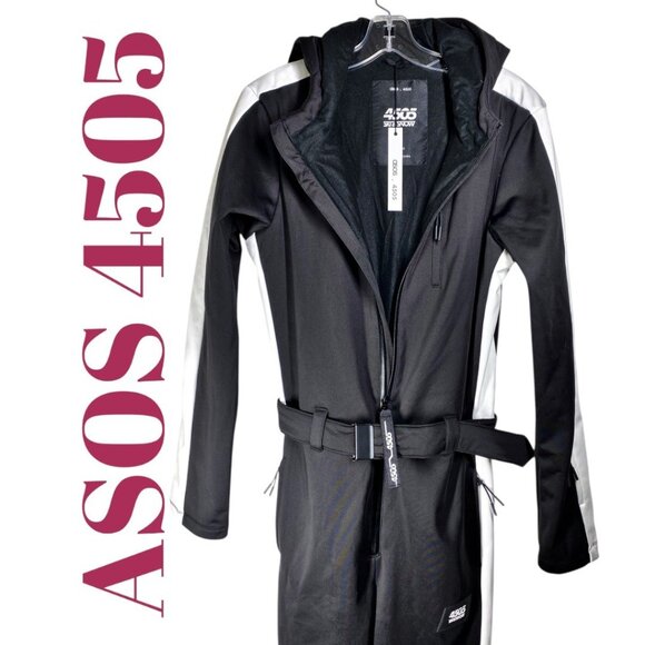 NWT ASOS 4505 MEN’S BLACK SKI SUIT BELTED HOOD WHITE RACING STRIPE MONOCHROME, S - Picture 8 of 16